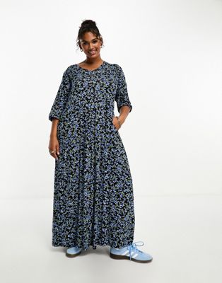 Yours Balloon Sleeve Maxi Dress In Blue Floral-multi