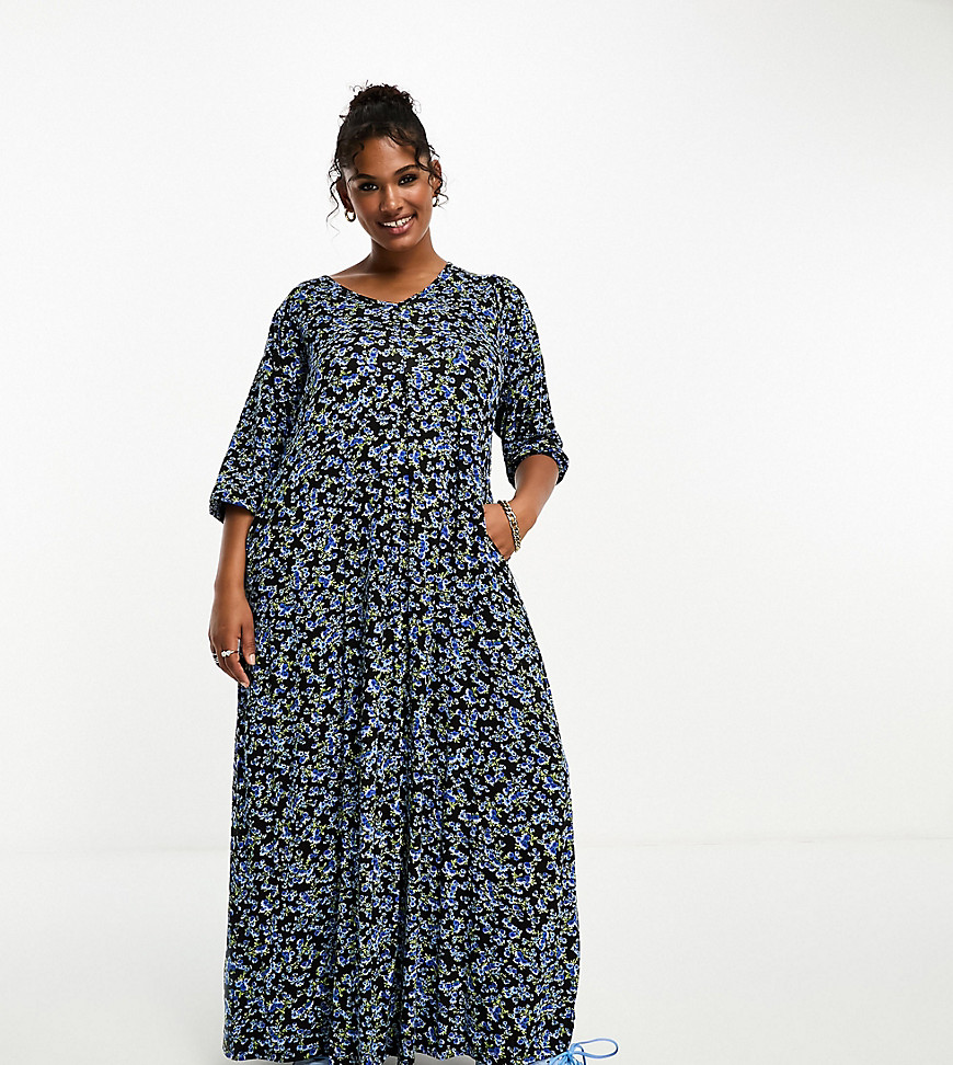 Yours balloon sleeve maxi dress in blue floral-Multi