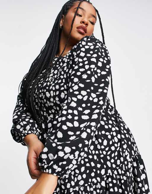 Yours balloon sleeve shirred midi dress in black animal print, 2 of 4