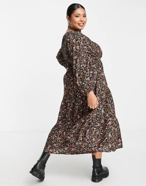 Yours balloon sleeve shirred midi dress in black, 3 of 4
