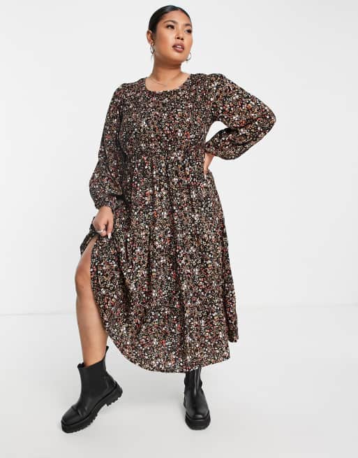 Yours balloon sleeve shirred midi dress in black, 4 of 4