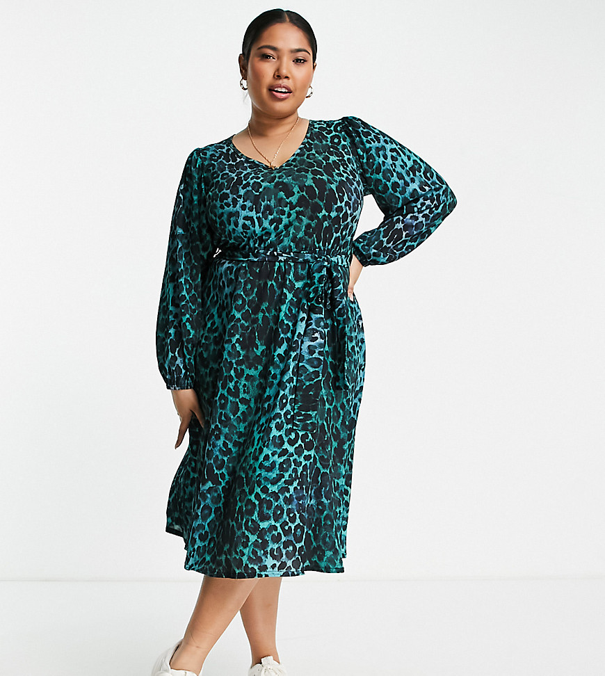 Plus-size dress by Yours Dress game: strong Animal print V-neck Balloon sleeves Tie waist Regular fit