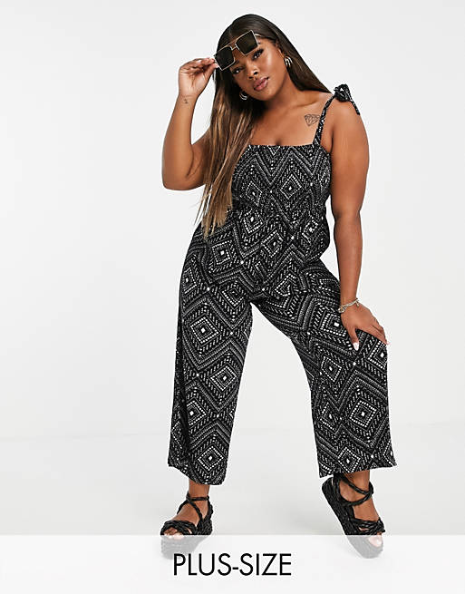  Yours bardot shirred jumpsuit in black aztec print 