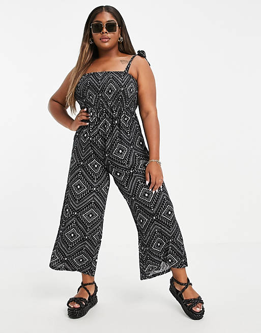 Jumpsuits & Playsuits Yours bardot shirred jumpsuit in black aztec print 