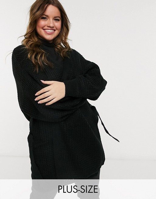 Yours belted longline cardigan in black