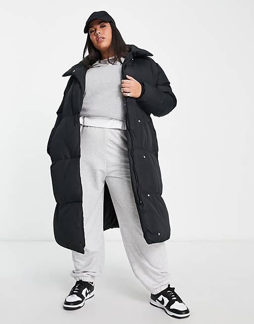 Yours belted midi puffer coat in black
