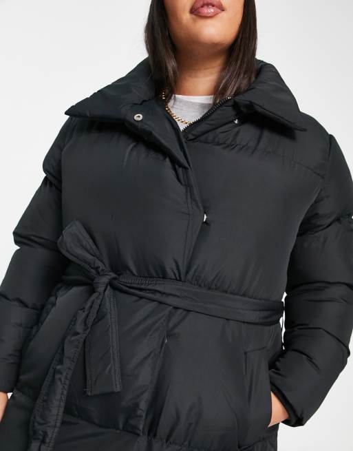 Black midi belted padded coat sale