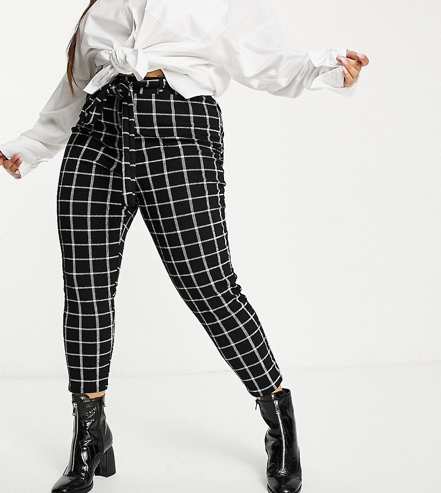 Yours belted split hem trousers in black check