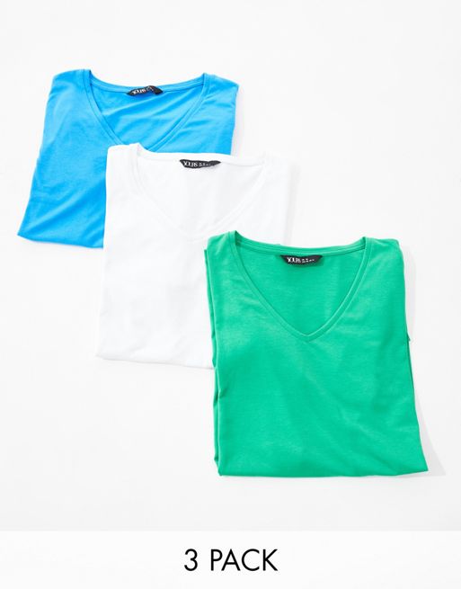 Yours – Blå, grön och vit t-shirt med v-ringning, 3-pack
