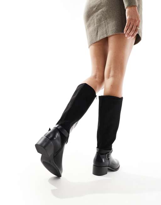 Yours block heel buckle biker boots in black ASOS