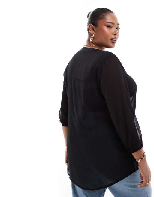 Yours - Blouse transparente en crêpe avec encolure à encoche - Noir, 4 de 4