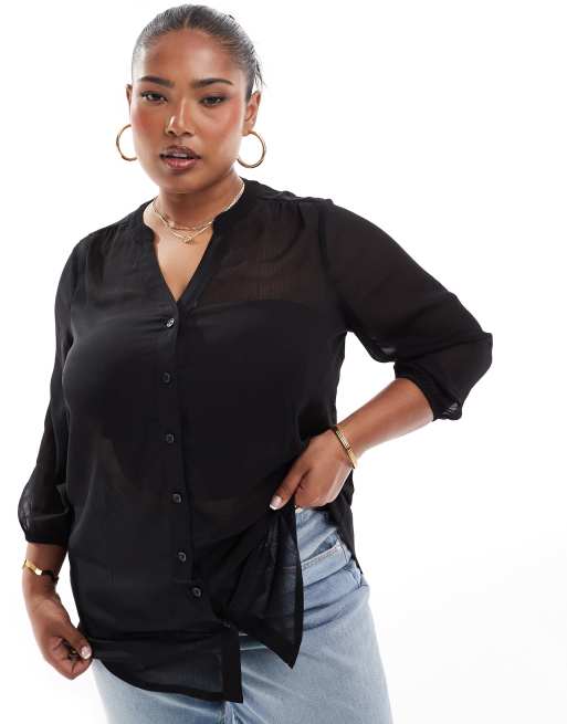 Yours - Blouse van doorschijnende crêpestof met inkeping aan de hals in zwart