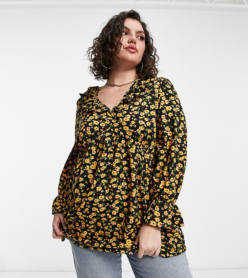 Yours Blouse With Frill Detail In Yellow Floral Print-pink