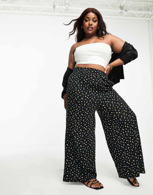 Yours - Broek met wijde pijpen in zwart met fijne bloemenprint