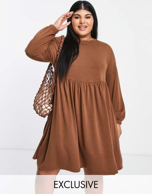 Yours - Brun minikjole med lange ærmer i jersey - Kun hos ASOS