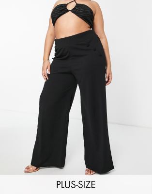 Yours Button Detail Wide Leg Pants In Black