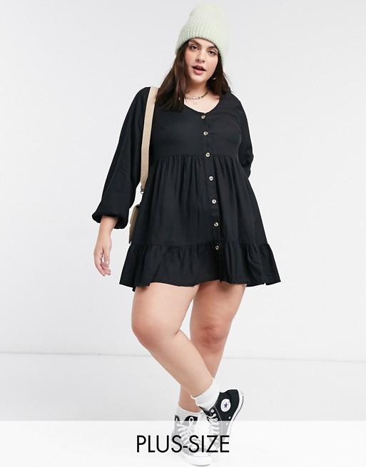 Yours button front tiered smock dress in black