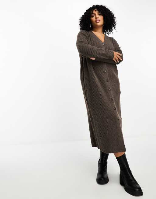 Yours button through knitted dress in camel