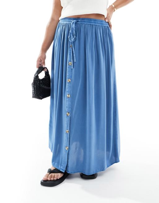 Yours button through midi skirt in light blue ASOS