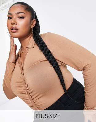 Yours Button Through Ruched Front Bodysuit In Camel-neutral