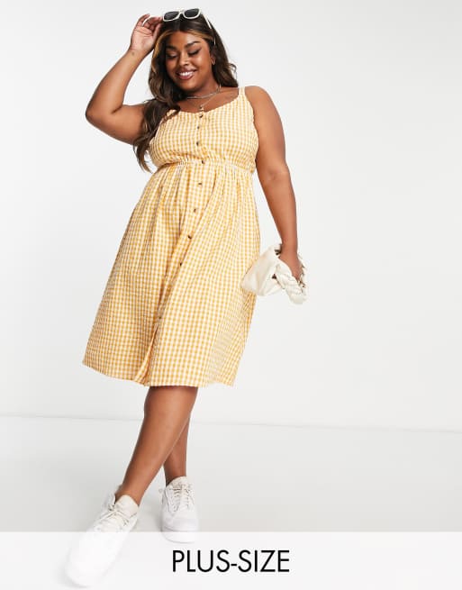 Yours button through strappy midi dress in yellow gingham ASOS