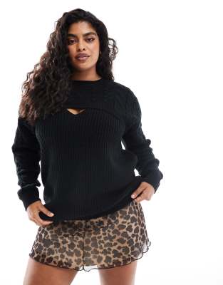 Yours Yours cable knitted jumper in black