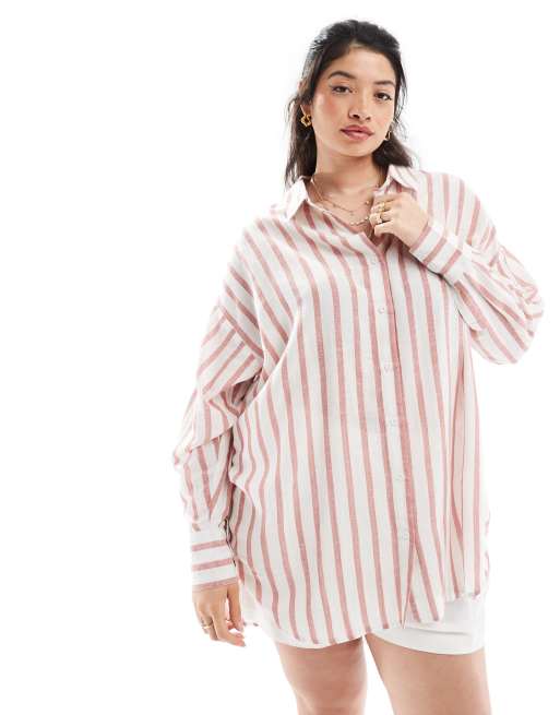 Yours - Camicia oversize in lino a righe color ruggine 
