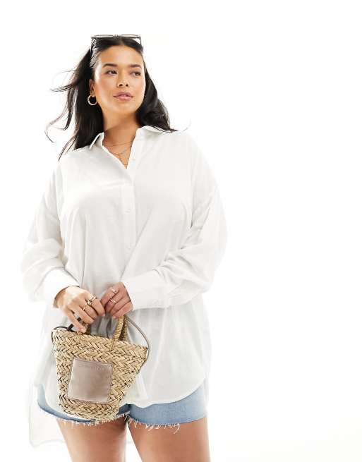 Yours - Camicia taglio lungo bianca effetto lino