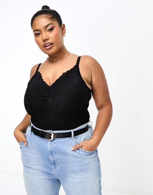 Yours – Camisole-Body aus Spitze in Schwarz