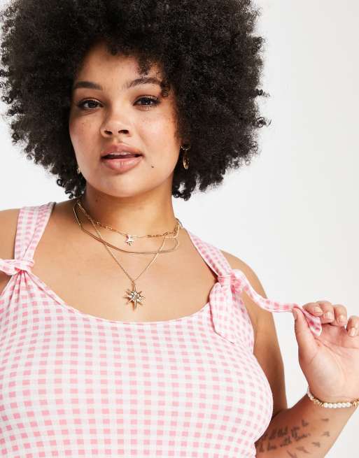 Yours - Camitop met gestrikte schouders en gingham ruiten in roze