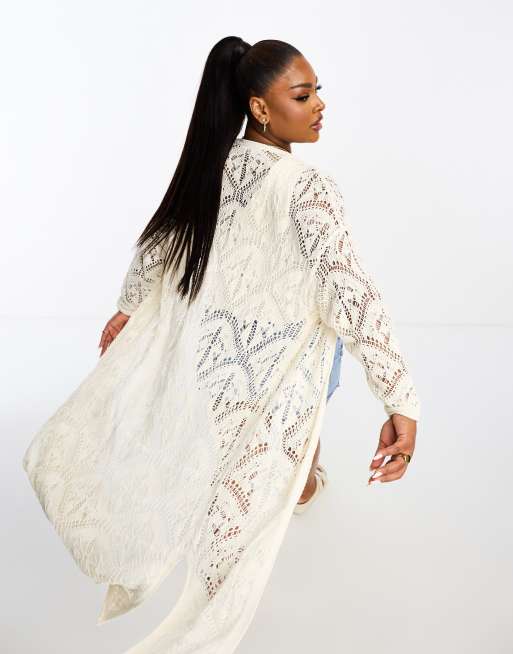 Yours - Cardigan lungo all'uncinetto color crema