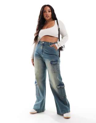 Yours - Cargo-Jeans in blauer Vintage-Waschung mit weitem Bein