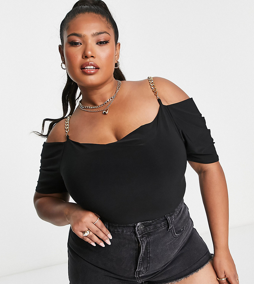 Plus-size bodysuit by Yours Streamline your style Bardot neck Chain straps Short sleeves Pull-on style Bodycon fit