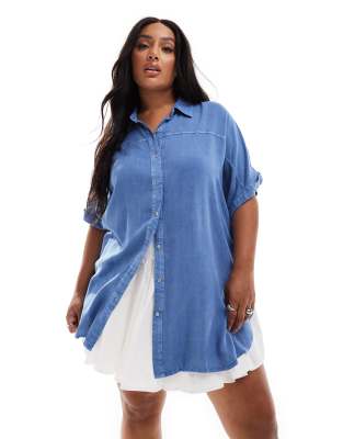 Yours Chambray Short Sleeve Shirt In Blue