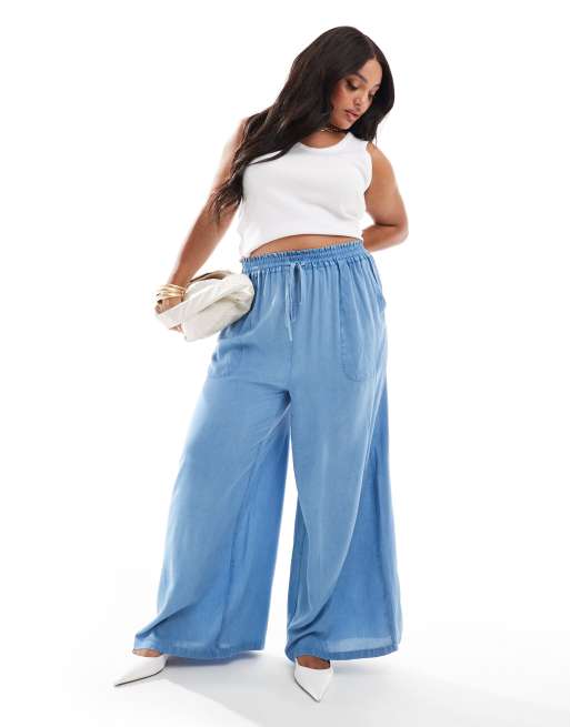 Plus size wide leg chambray pants hotsell