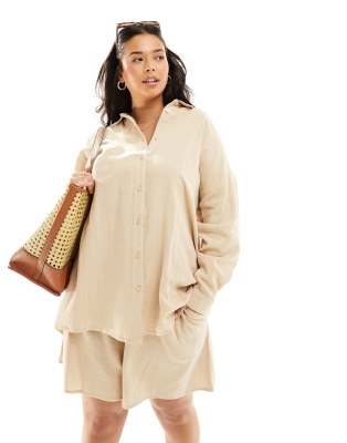 Yours Yours cheesecloth shirt co-ord in beige-Neutral