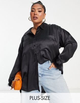 Yours satin shirt with faux fur cuff trim in black - ASOS Price Checker