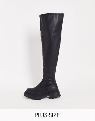 Yours wide fit chunky knee high flat boots in black