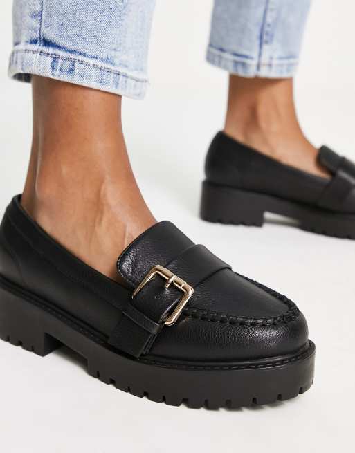 Womens black loafers store with buckle