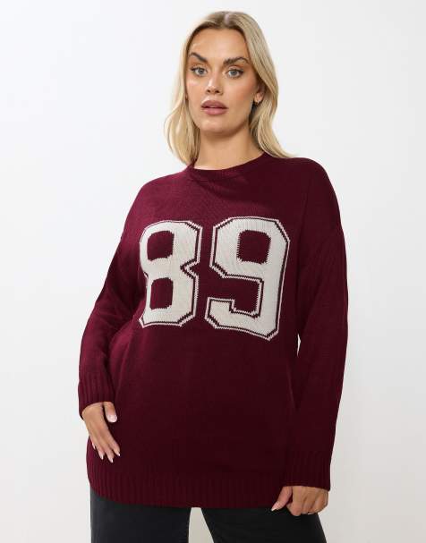 Yours Clothing '89' slogan knitted jumper in red - view 1