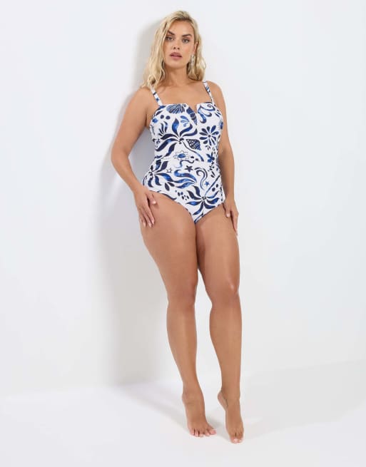 Yours Clothing Abstract floral print swimsuit in white, 4 of 4