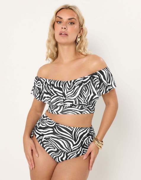 Yours Clothing Abstract frill bardot bikini top in black - view 1