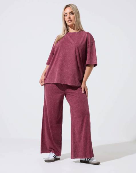 Yours Clothing Acid wash wide leg trousers in red - view 1