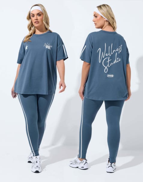 Yours Clothing Active 'wellness studio' t-shirt in blue - view 1