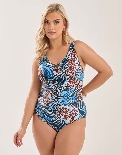 Yours Clothing Animal plunge swimsuit in ivory - view 1