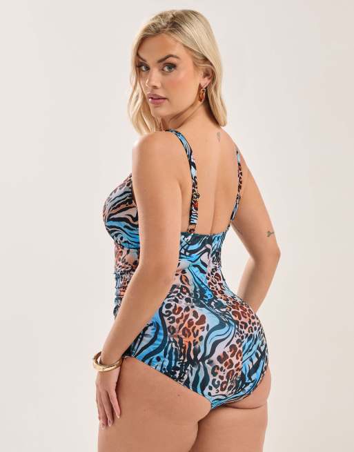 Yours Clothing Animal plunge swimsuit in ivory, 3 of 4