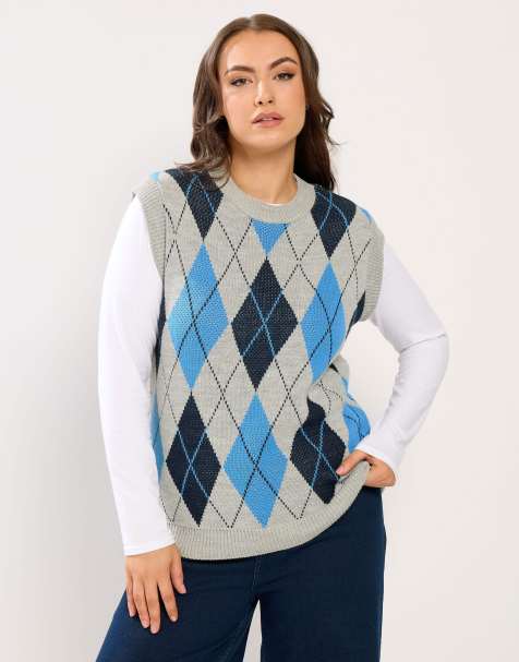 Yours Clothing Argyle knitted vest top in blue