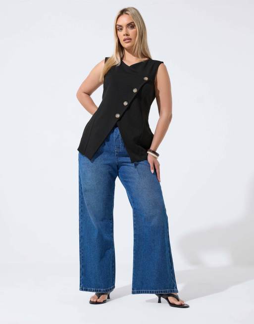 Yours Clothing Asymmetric button waistcoat in black, 2 of 4