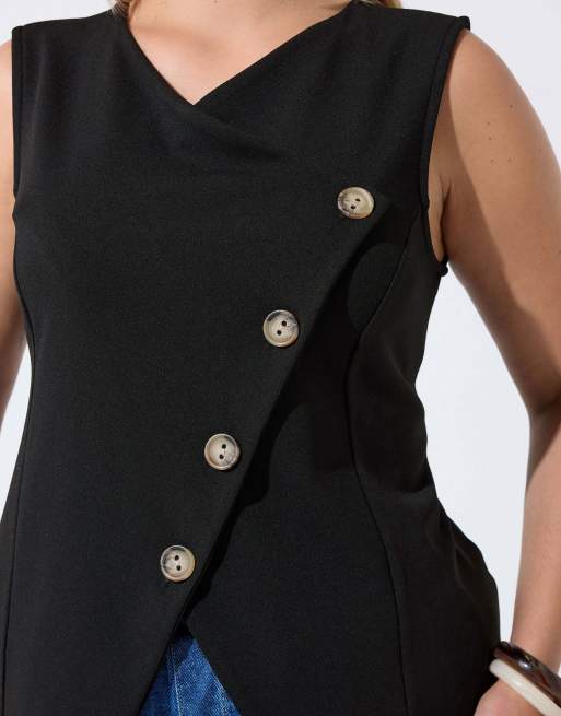Yours Clothing Asymmetric button waistcoat in black, 4 of 4