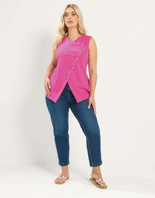 Yours Clothing Asymmetric button waistcoat in pink, 2 of 4